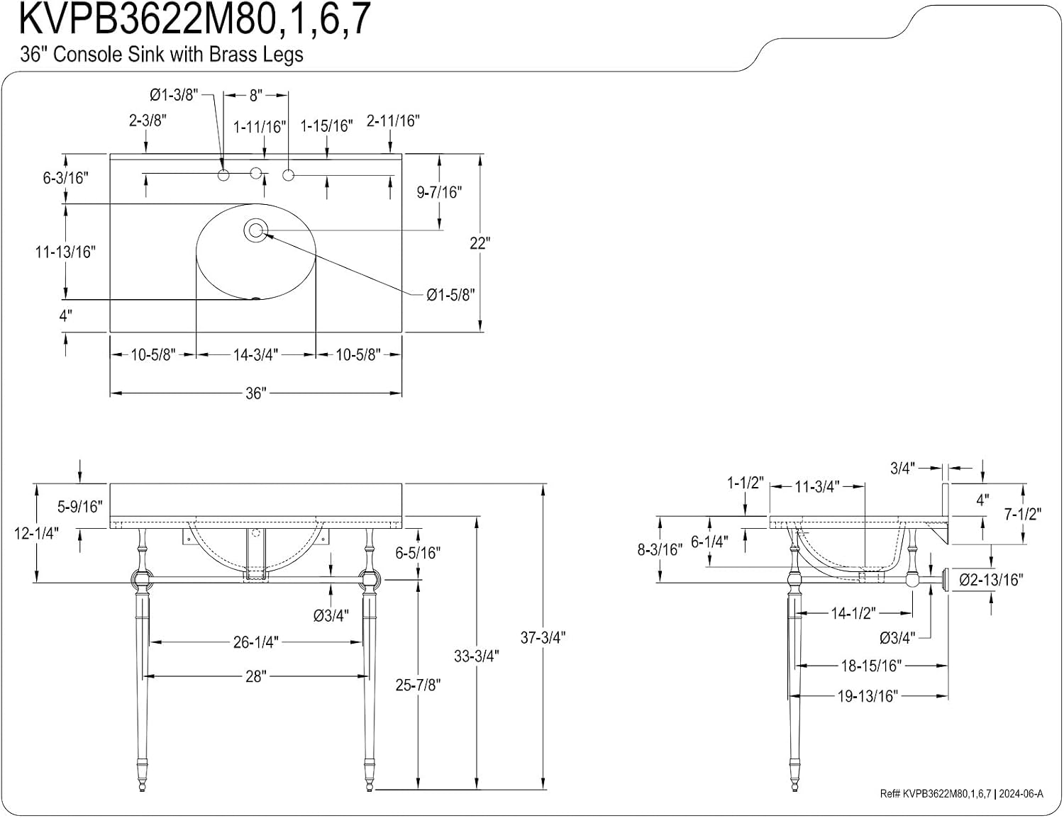 Kingston Brass KVPB3622M86 Edwardian 36" Console Sink with Brass Legs (8-Inch, 3 Hole), Marble White/Polished Nickel