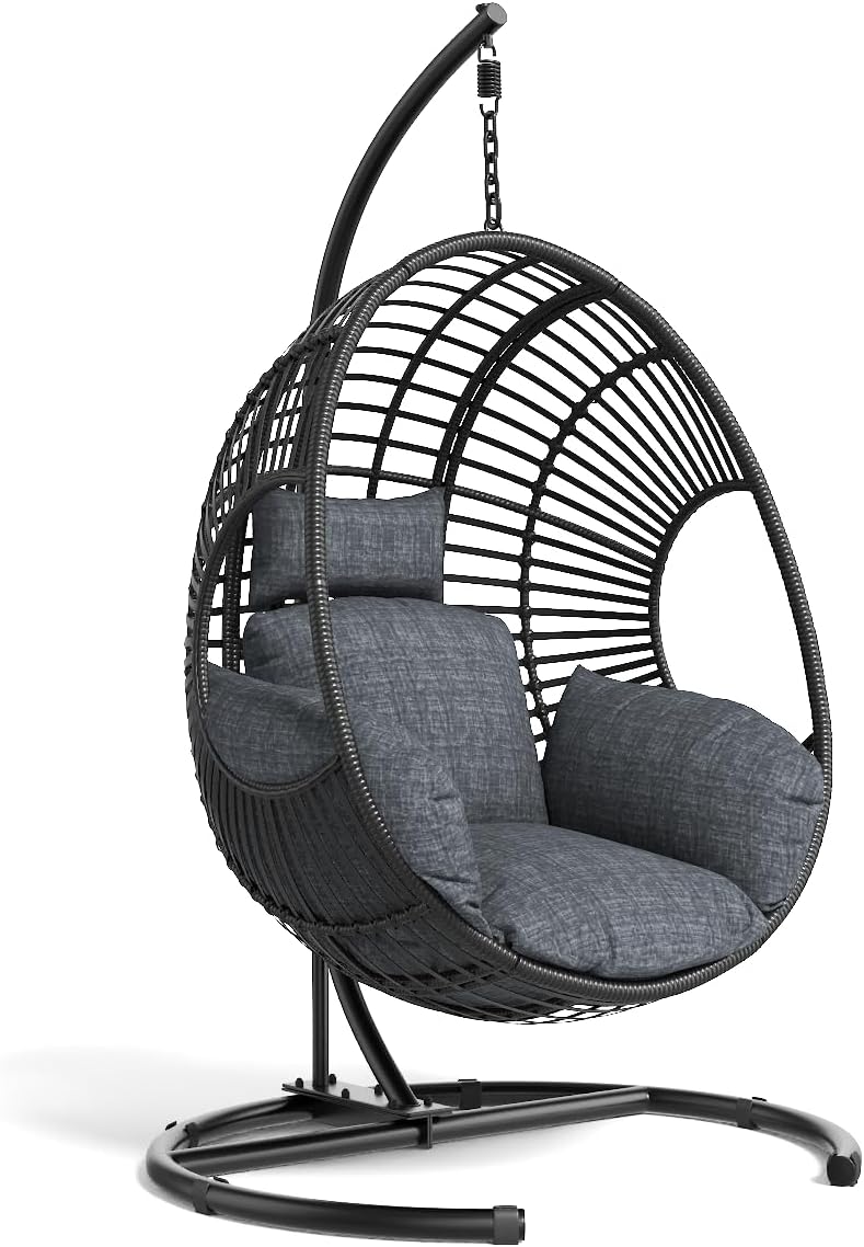 Hanging Egg Chair with Stand – 400 Lbs Capacity Patio Swing, Weatherproof PE Rattan & 8-Inch Thick Cushion, Swing Egg Chairs for Outdoor Garden, Balcony & Patio Use, Black