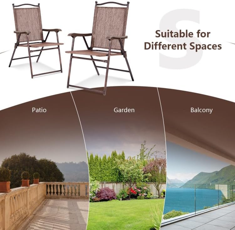 2-Pack Modern Folding Sling Back Deck Chairs in Brown Fabric with Steel Frame & Plastic Feet, 20x24x38in, for Patio Garden Backyard Camping