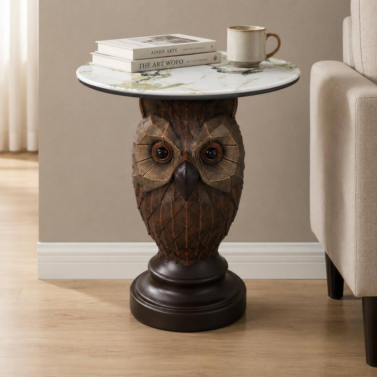 Rustic Brown Owl Accent Table - 22.83" Geometric Owl Sculpture Side Table with 17.72" Round Marble Pattern Top, Decorative Bird Statue Nightstand for Cottage & Lodge Style Interiors, 24.25 LBS