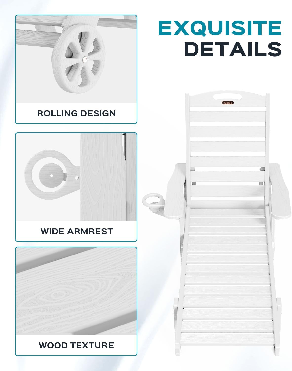 Ciokea Lounge Chair Outdoor Set of 4, Oversized Chaise Lounge Chair with 5 Positions, HDPE, Patio Lounge Chairs with Wheels & Cup Holder for Lawn, Pool, Deck, Poolside, White