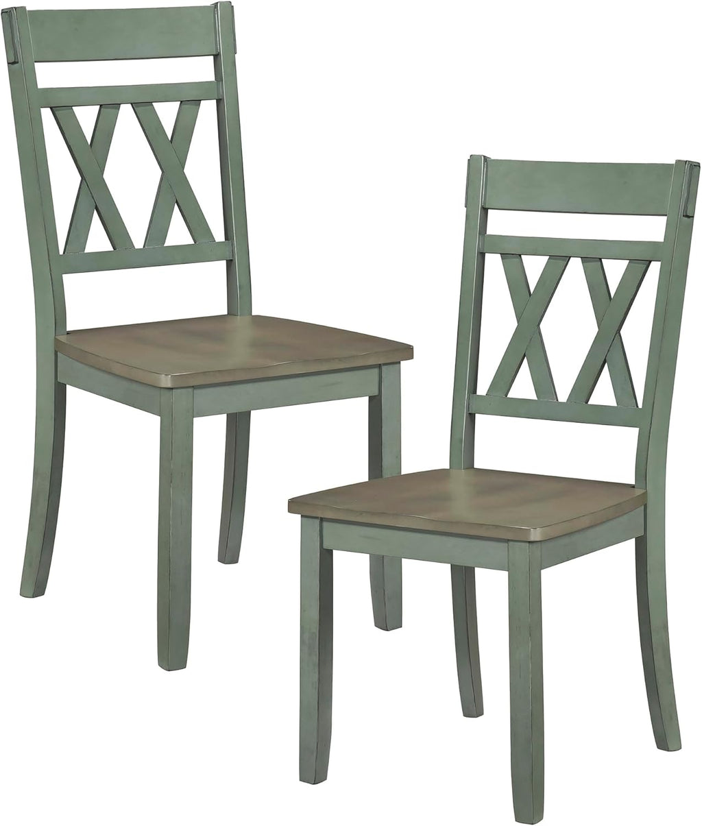 Lexicon Farmhouse Wood Dining Chair, Set of 2, Double Cross Back, Rustic Armless Chairs, Kitchen and Dining Room Furniture, Two-Tone Finish (Greywash and Antique Teal)