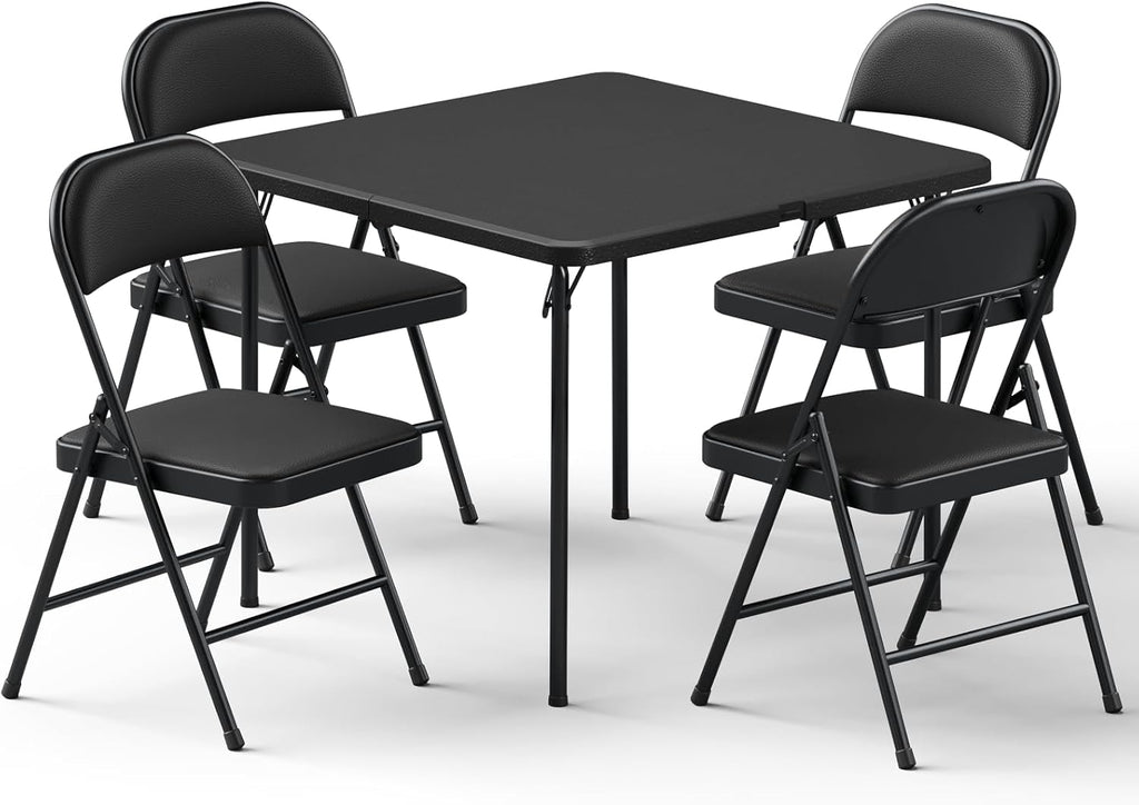 Folding Table and Chairs Set for 4, 36 Inch Foldable Card Table with Carrying Handle & 4 PU Leather Padded Folding Chairs, Portable Indoor Outdoor Dining Table Set for Picnic, Camping, RV, Game Night