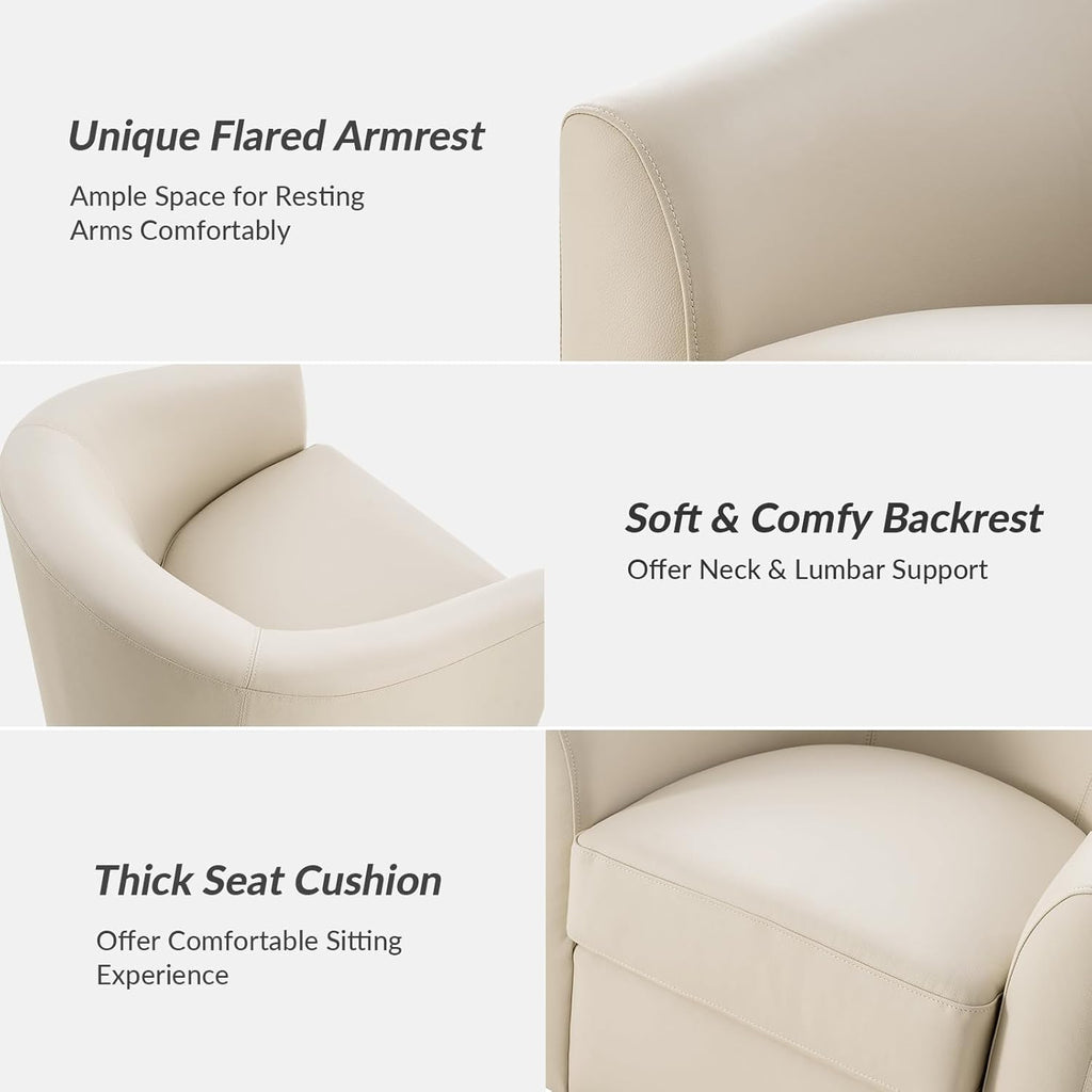 HULALA HOME Genuine Leather Swivel Barrel Chair, Round Swivel Accent Chair with Solid Wood Base, No Assembly Required, Beige
