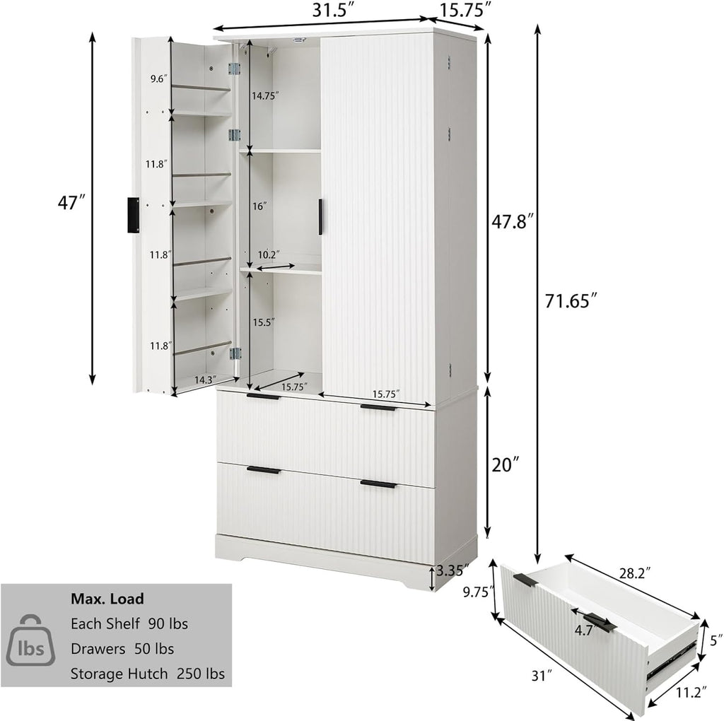 72" Modern Fluted Kitchen Pantry Cabinet with 2 Large Drawers & 8-Door Spice Rack, Freestanding Storage Organizer for Bathroom, Dining Room, Office, Entryway, White