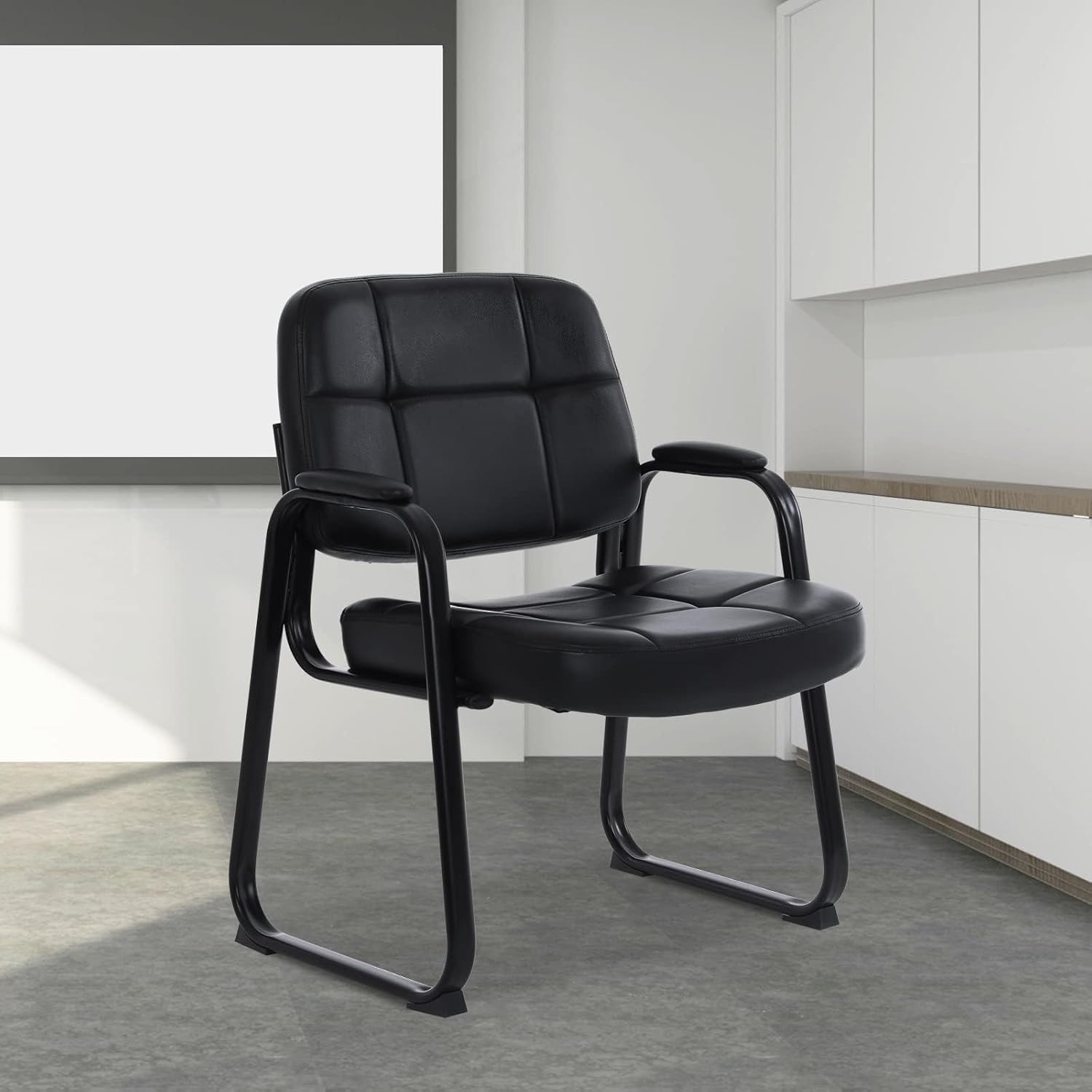 CLATINA Big Tall 400 lbs Waiting Room Chairs with Padded Arms Leather Guest Chair no Wheels for Office Reception Lobby and Conference Desk with Sled Base, Black, 6PK