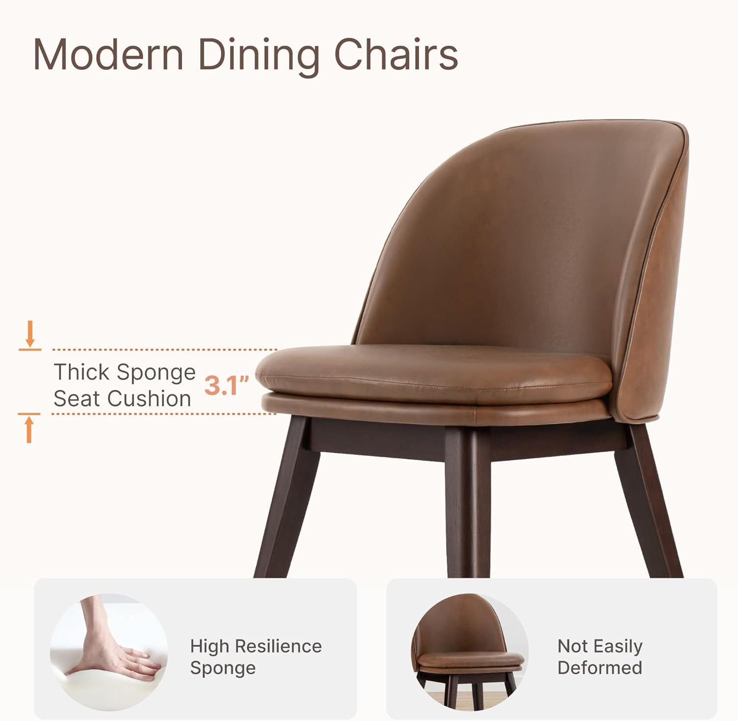 KISLOT Wooden Dining Chairs Set of 4, Faux Leather Upholstered Modern Dining Room Chairs with Double-Layer Thick Seat Cushion & Ergonomic Backrest for Restaurant, Kitchen and Café, Brown, 2 Boxs