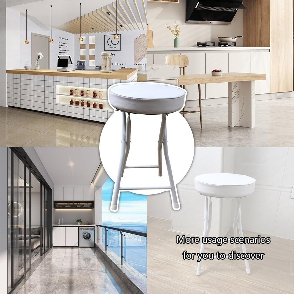Metal Folding Bar Chair with Footrest 20in Tall Backless Round Padded Stool for Adults(White)
