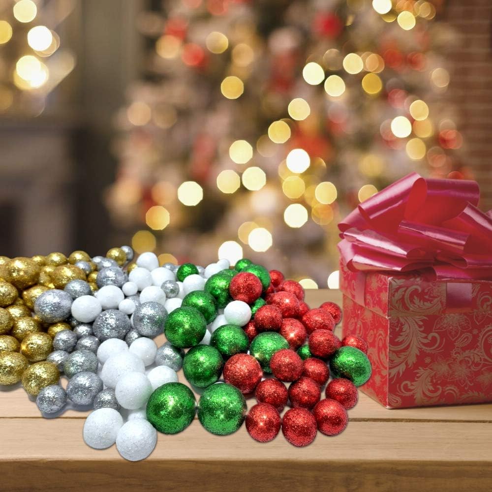 Multi Colored Glitter Foam Vase Fillers, 5 Bag Set – Silver, Red, Green, Gold & White Decorative Foam Balls, 3/8"–3/4", Bowl Fillers, Centerpiece Filler, Party Décor, Christmas & Holiday Craft Balls