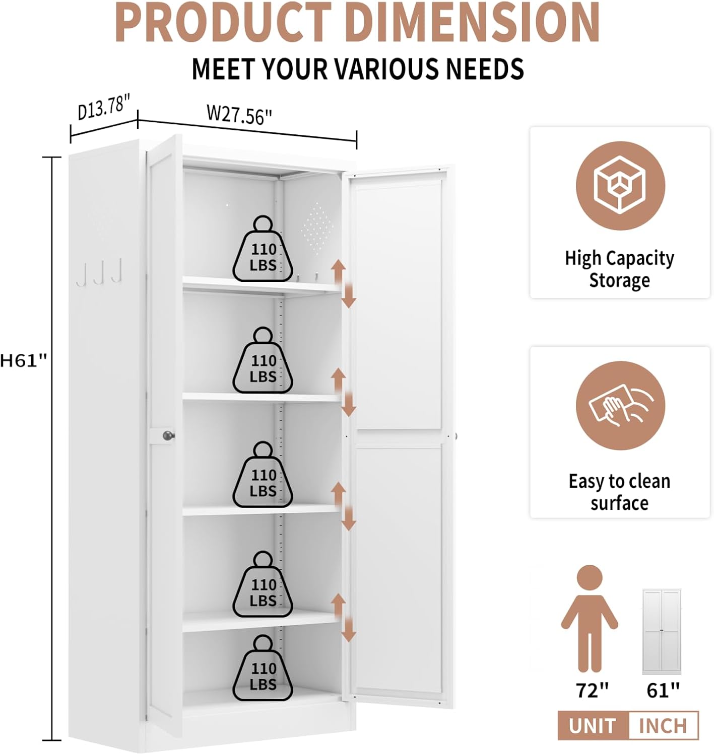 Tall White Metal Kitchen Pantry Cabinet, Stainless Steel Frame Storage Cabinet with Adjustable Shelves & Glass Doors, for Small Kitchen Pantry Living Room Bathroom, 27.6x13.8x72 Inches