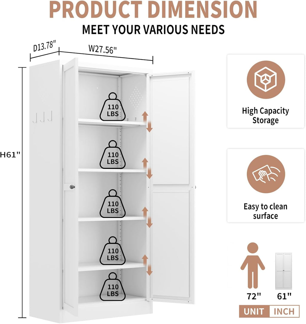 White Kitchen Pantry Cabinet, Freestanding Storage Cabinet with 5 Adjustable Shelves & Glass Doors, Magnetic Closure, for Small Kitchen Pantry Living Room Bathroom, 27.6x13.8x72 Inches