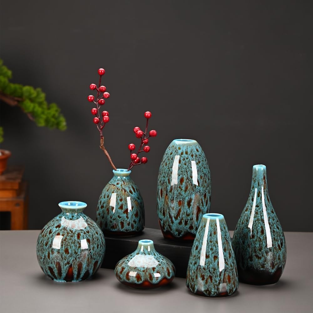Ceramic Bud Vase Set, Fambe Blue Glazed Finish, Decorative Flower Vases (Blue-Set of 6)