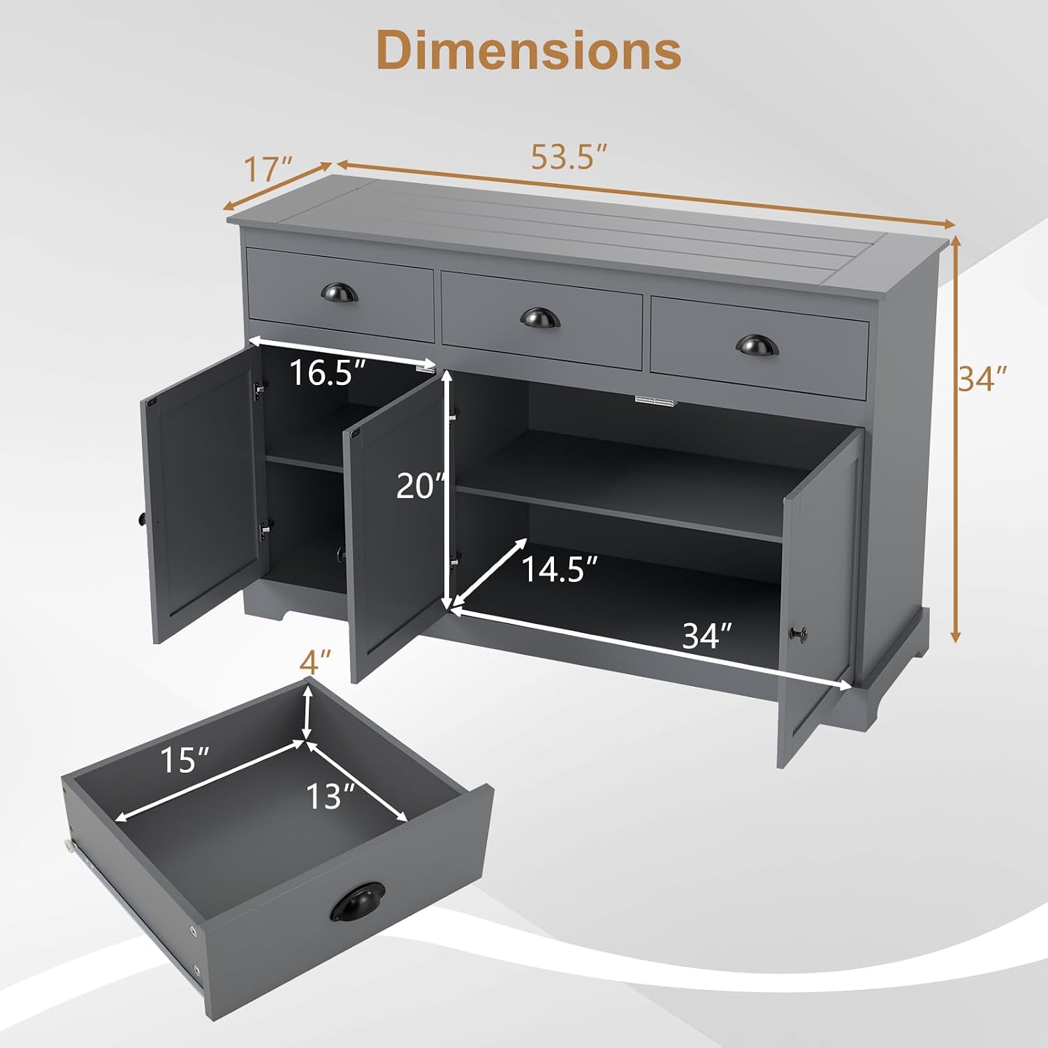 Sideboard Buffet Cabinet with Storage, 53.5” Large Kitchen Cupboard with 3 Drawers, Adjustable Shelf, Credenzas for Living Room, Wooden Coffee Bar Console Table for Dining Room (Grey)
