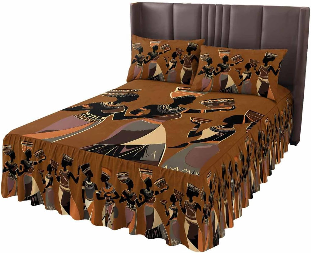 African Black Woman Ethnic Clothing Queen Size Ruffle Bed Skirt,Luxury Bedskirt Retro Back Bed Sheet Set with 2 Pillow Shams for Bedroom Decor,18" Tailored Drop Ruffle