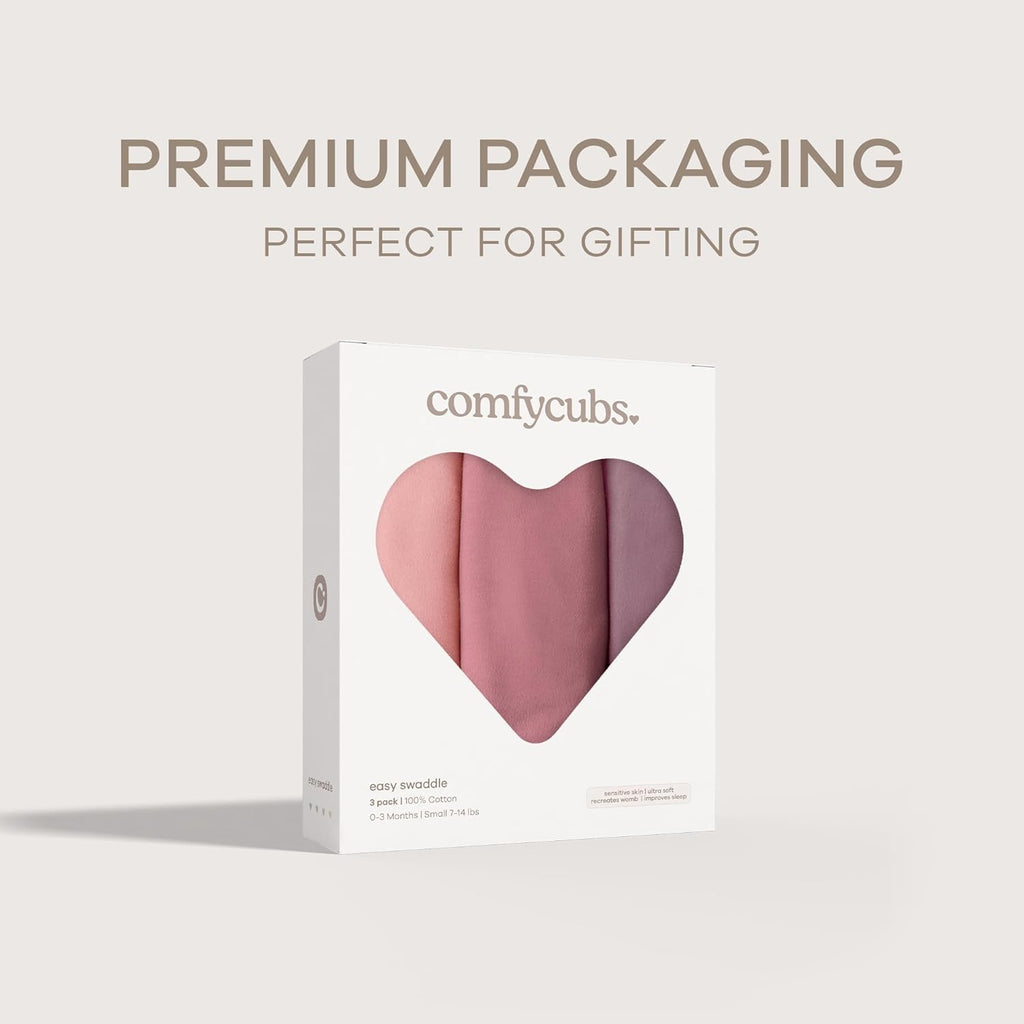 Comfy Cubs Easy Swaddle Blanket, 3 Pack - 100% Cotton Newborn Wrap, Small for 0-3 Months Infants, Breathable and Durable Sleep Sack for Babies - Blush, Mauve & Mulberry