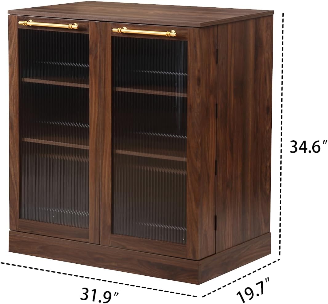 FOREST GRAVITY 34.6 inch Kitchen Pantry Storage Cabinet with 6 Built-in Racks for Better Storage, Modern Pantry Cabinet with Adjustable Shelves and Glass Doors,Wind Red