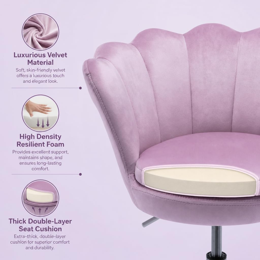 Cute Kids Desk Chair, Velvet Adjustable Ergonomic Chair for Students, Modern Upholstered Swivel Rolling Vanity Chair Child Computer Chair for Girls Bedroom/Study Room/Make Up, Light Purple