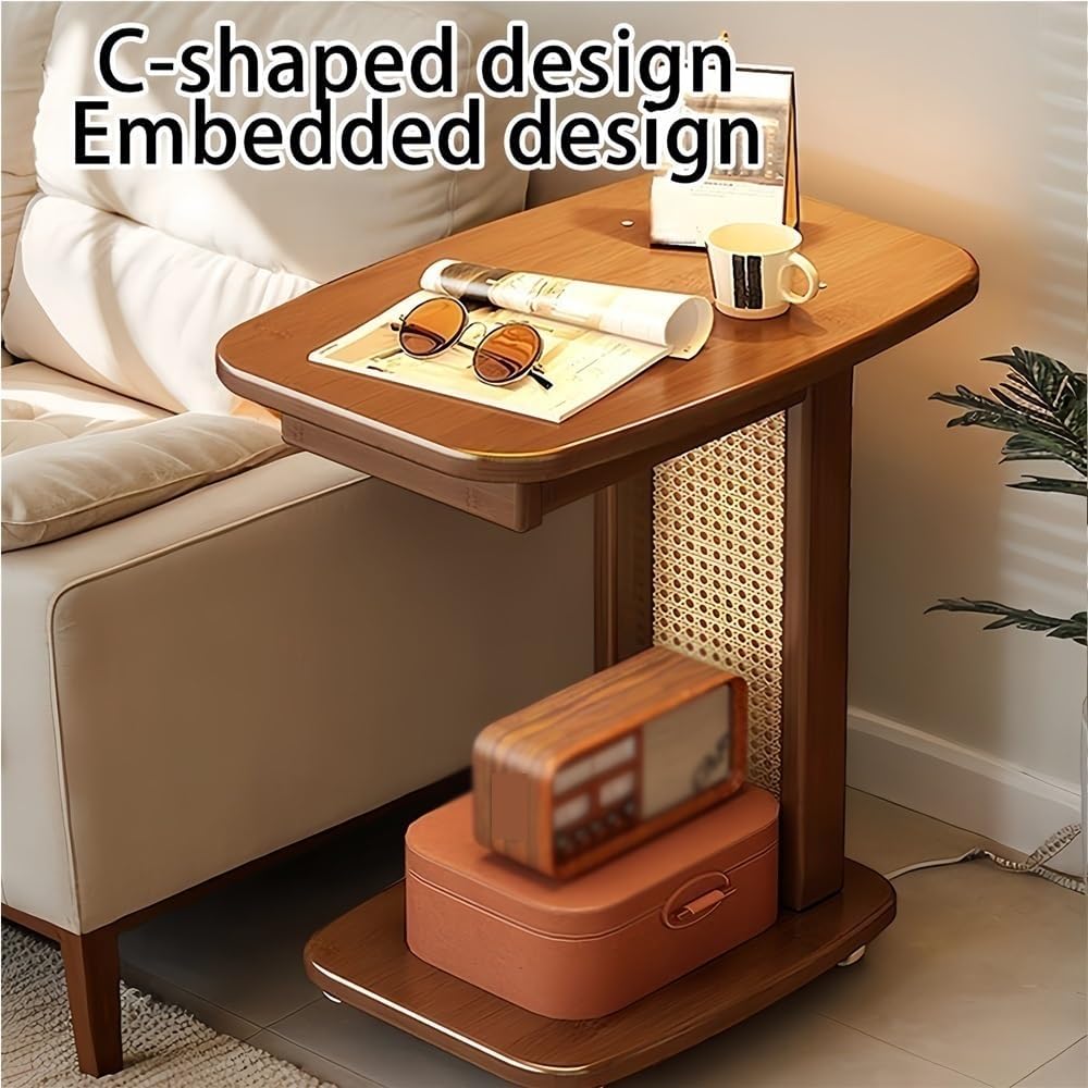 Narrow C-Shaped Side Table, Movable End Tables with Wheels, Wooden C Table with Storage for Living Room, Bedroom and Office(Brown,19.29in)
