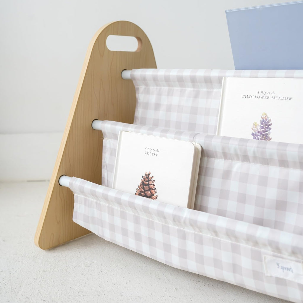 3 Sprouts Double Sided Baby Bookshelf - Portable Book Shelf for Kids Rooms - Ideal Toddler Book Storage - Nursery Bookshelf - Small Bookshelf for Child's Room - Book Organizer - Gingham Beige