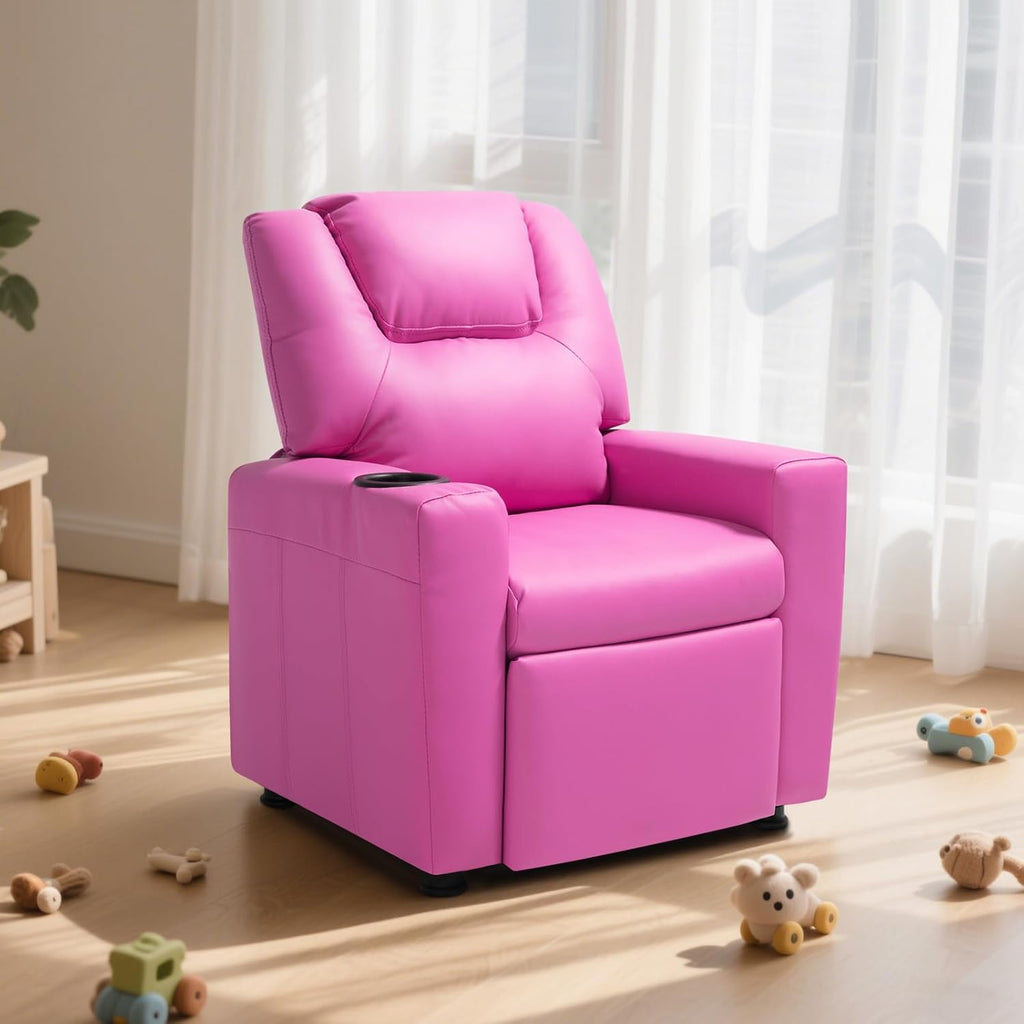VEVOR Kids Recliner, Toddler Recliner with Cup Holder, 101° to 121° Adjustable Backrest, Push Back PU Leather Kids Reclining Chair Couch with Footrest & 90 lbs Load, Ideal for Child Ages 1-6, Pink