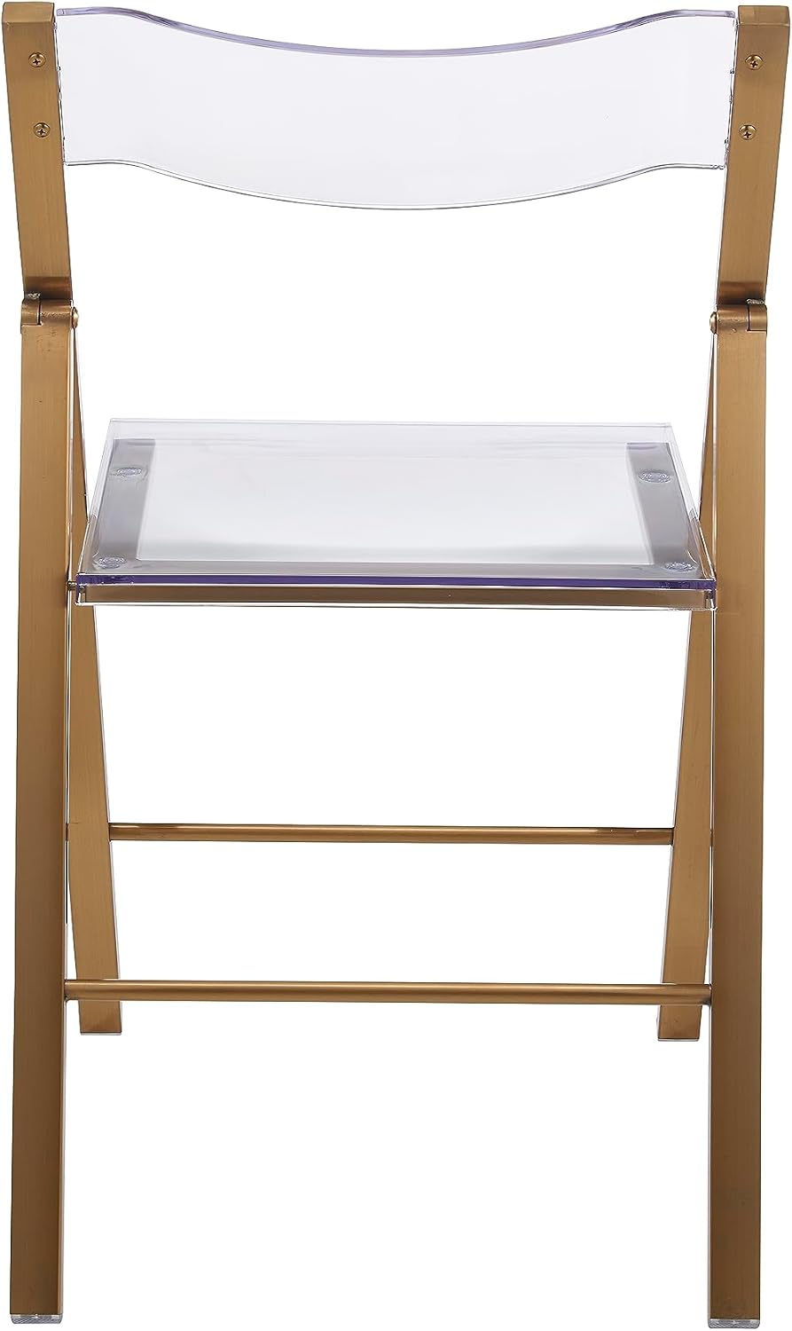 LeisureMod Transparent Acrylic Folding Chair, Iron Chrome Base, Comfortable Seat & Backrest, Clear Desk Chair, No Assembly Needed in Brushed Gold