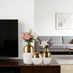 White & Gold Ceramic Vase Set of 3, Modern Round Circle Electroplated Two-Tone Decorative Vases for Pampas Grass, Dining Table Wedding Centerpiece, Living Room Bedroom Office Bookshelf