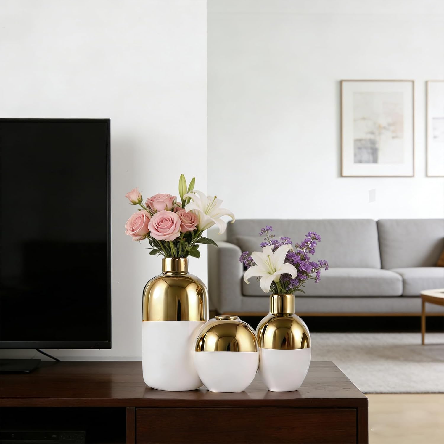 White & Gold Ceramic Vase Set of 3, Modern Round Circle Electroplated Two-Tone Decorative Vases for Pampas Grass, Dining Table Wedding Centerpiece, Living Room Bedroom Office Bookshelf