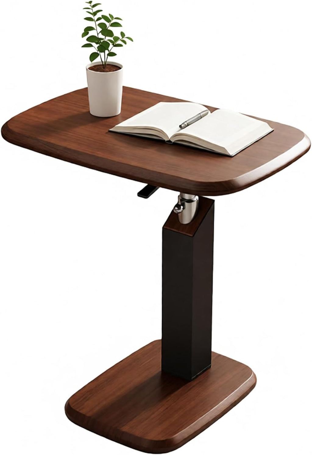 Tray Table with 360° Swivel, Adjustable Height Sofa Laptop Desk, C-Shaped Side Table with Wheels, Multi-Functional End Table for Living Room, Bedroom, Hospital (Walnut Tray + Black Stand)