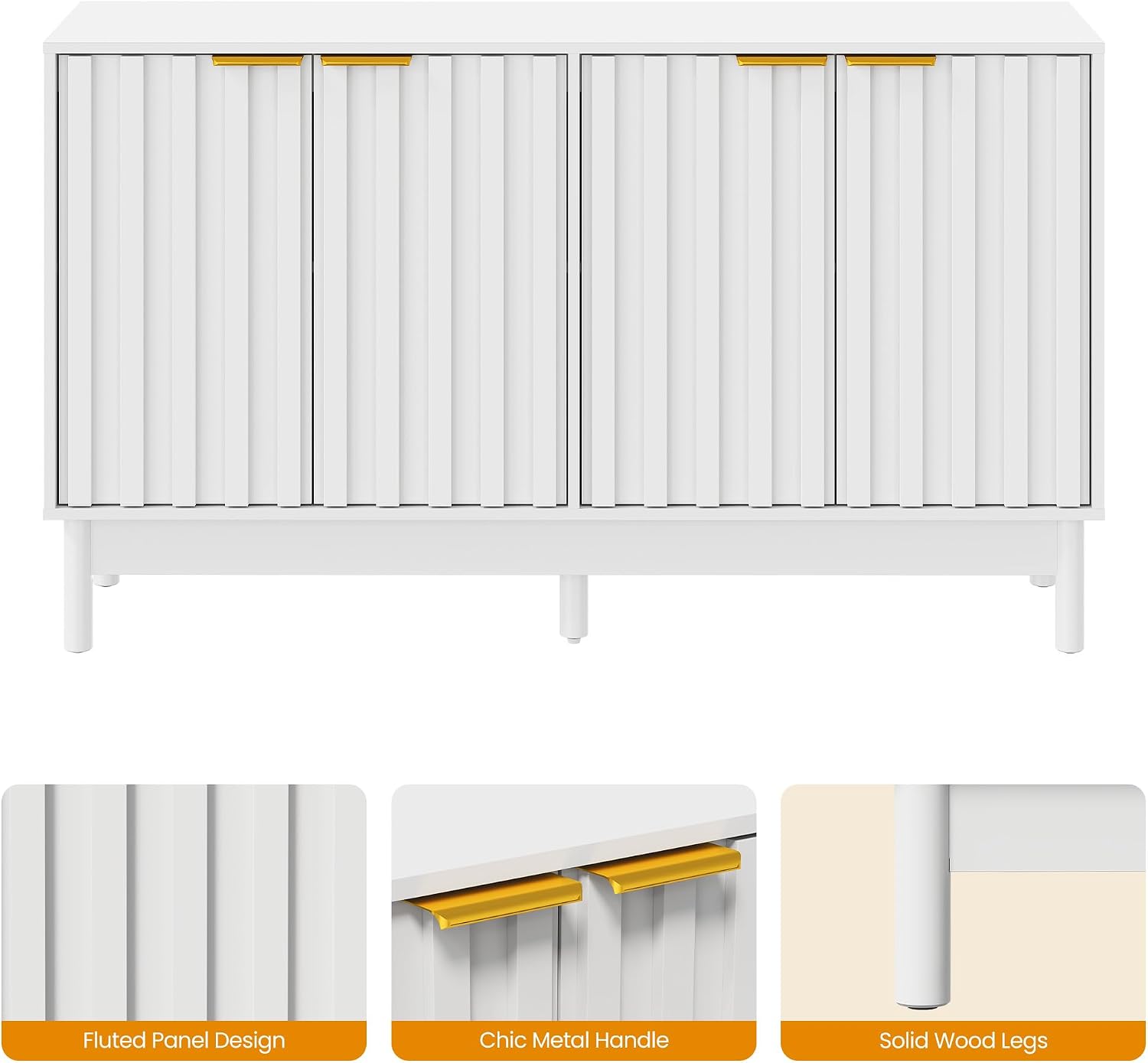 RoyalCraft White Buffet Cabinet with Storage, 55" Fluted Sideboard Buffet Cabinet with 100lbs Load Capacity, Modern Coffee Bar Cabinet with Solid Legs & Adjustable Shelves for Dining Room, Kitchen