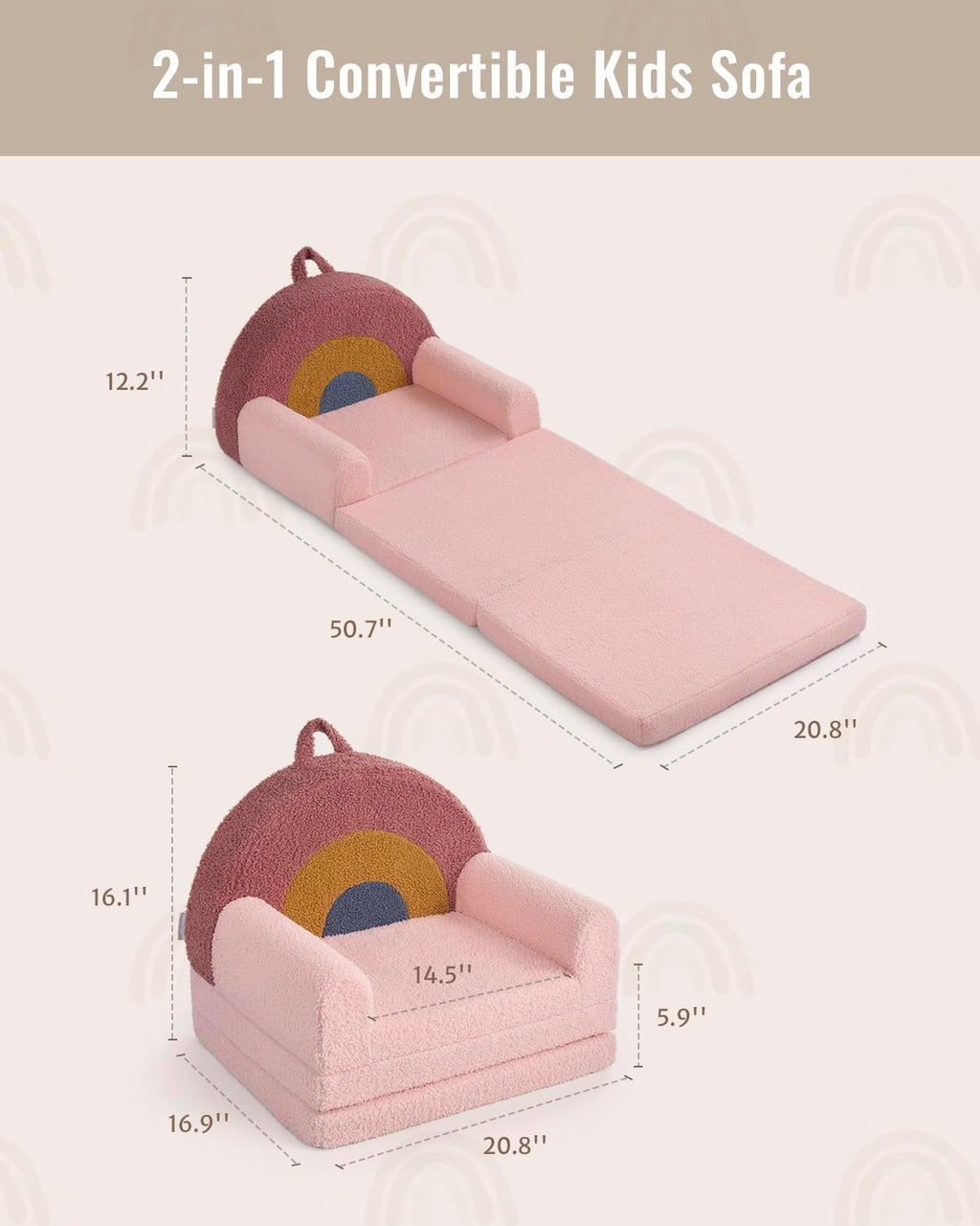 Blissful Diary Foldable Kids Couch, 2-in-1 Comfy Kids Chair for Reading, Playroom, Kids Couch Sofa for Girls Boys Birthday Gift, Blush Rainbow