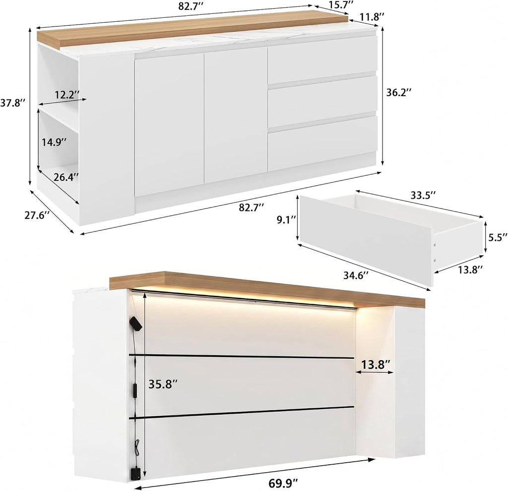 82.7" Large Bar Table Kitchen Station, Home Bar Unit with Lighting, 3 Drawers & 4 Shelves, Bar Cabinets Reception Desk for Home Pub Kitchen Storage, White & Marble Pattern