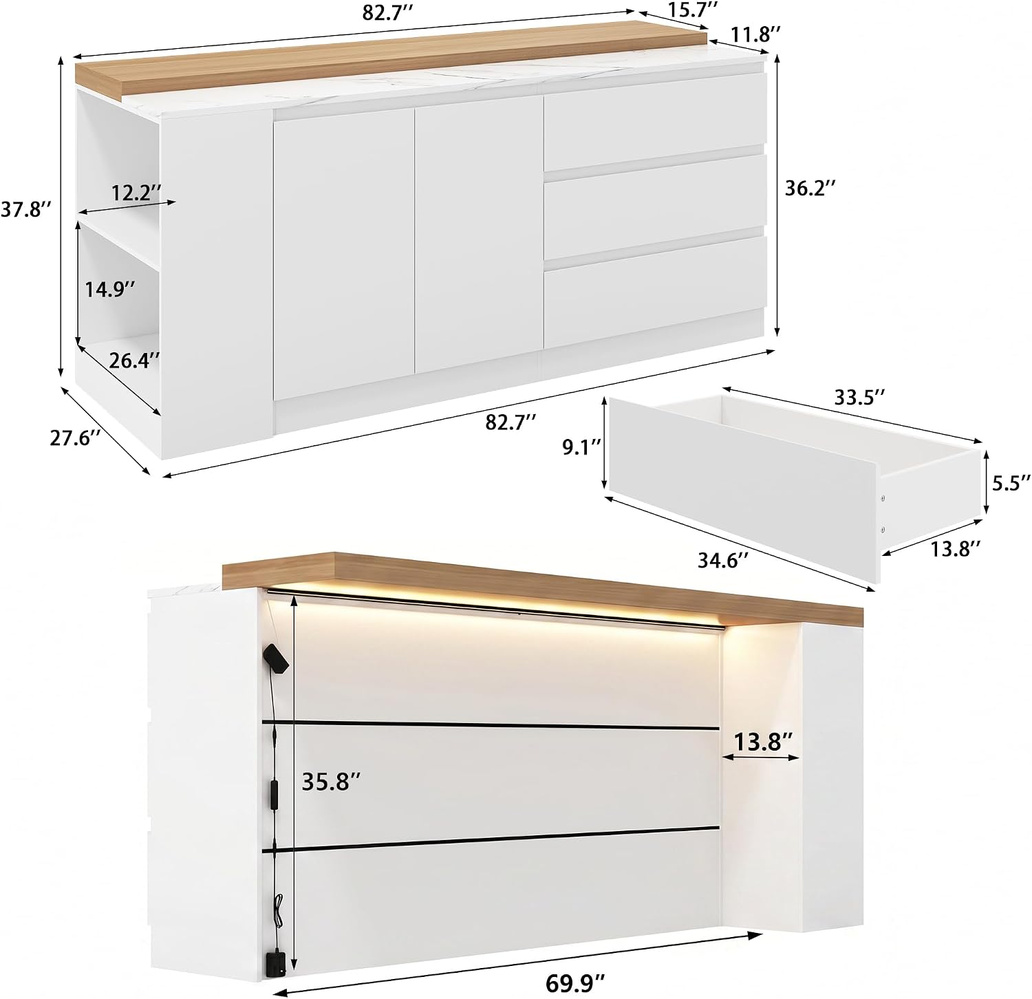 82.7" Large Bar Table Kitchen Station, Home Bar Unit with Lighting, 3 Drawers & 4 Shelves, Bar Cabinets Reception Desk for Home Pub Kitchen Storage, White & Marble Pattern