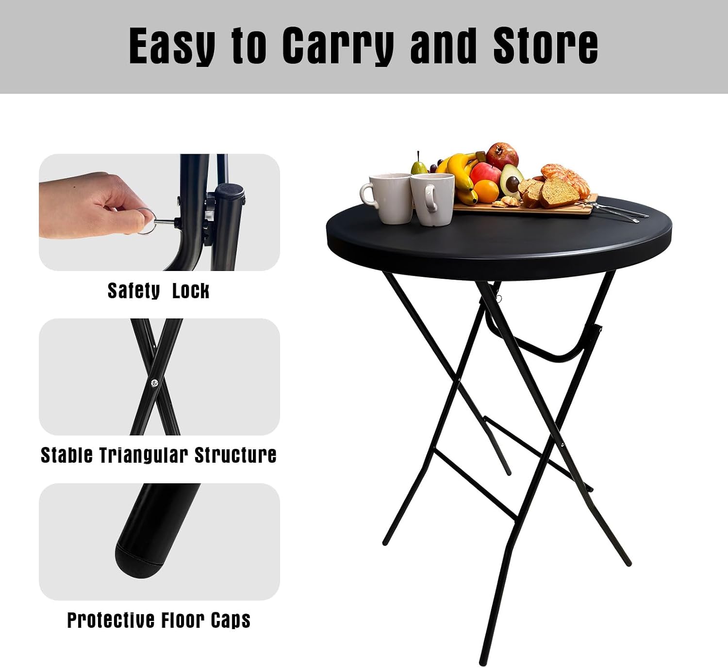 32in Cocktail Table, Folding Round High Top Indoor Outdoor Use, Foldable Bar Height Table for Parties and Commercial Events (Black, 2 Pcs)