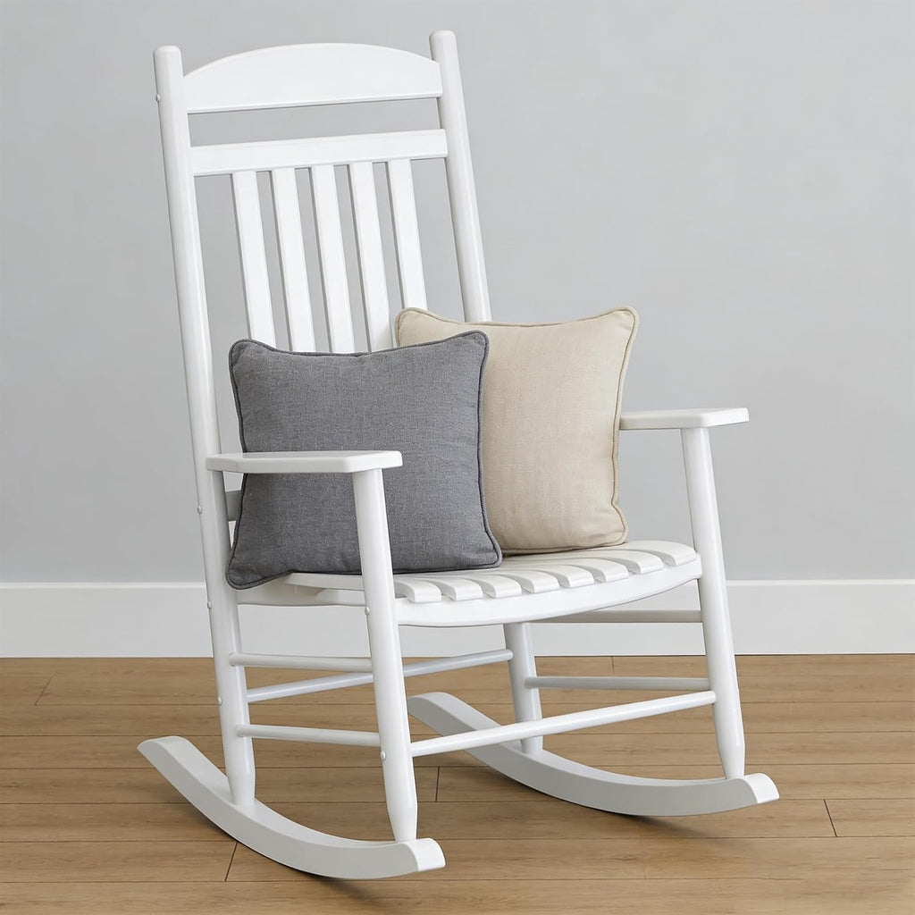 Wooden Outdoor Rocking Chair, Weatherproof Oversized Rocking Chair, Heavy Duty Comfort with 450 lbs Weight Capacity, Solid Relaxing Rocker with High Back for Patio, Porch, Living Room (white)