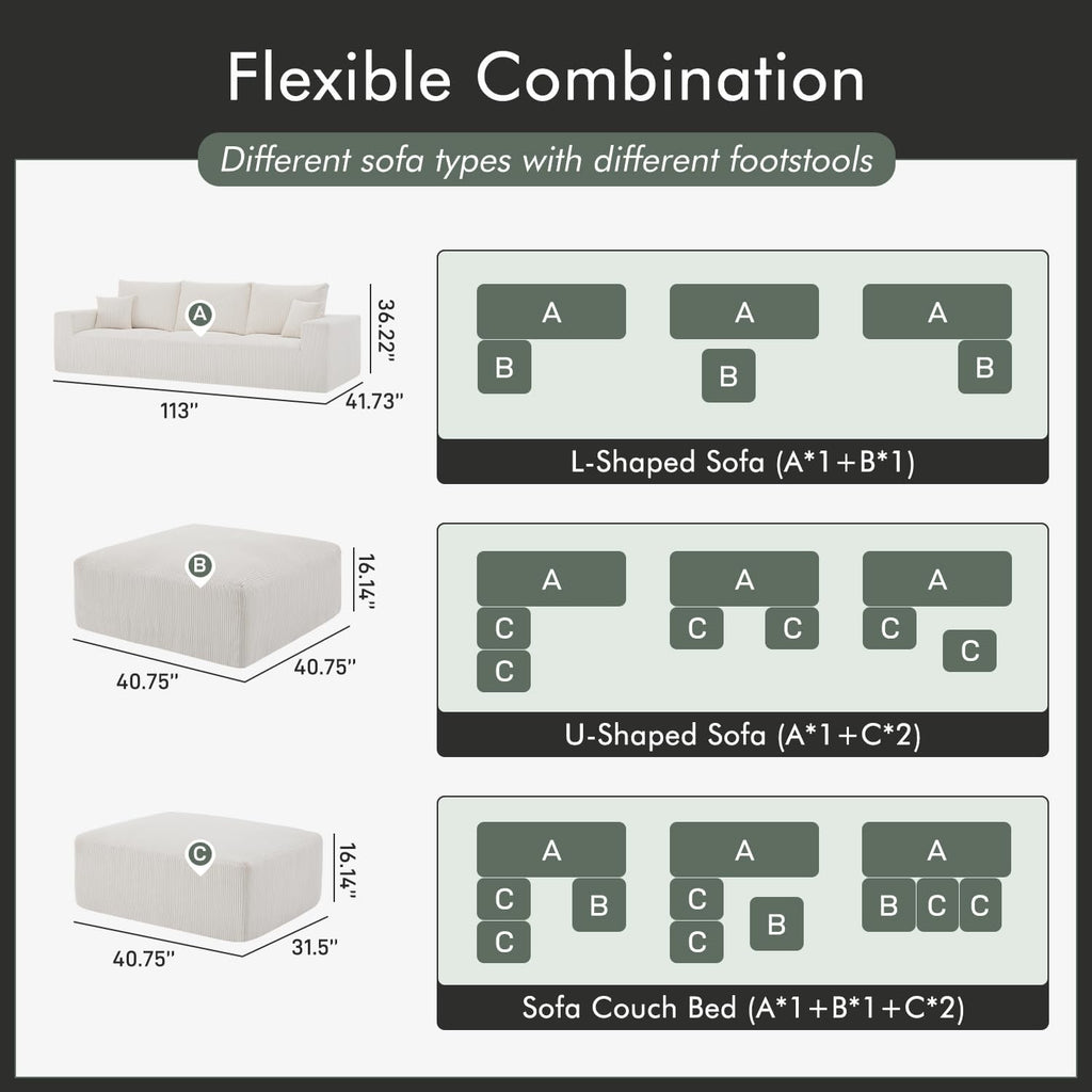 Gericco 113" Modular Sectional Couch, Cloud Boneless Sofa with Deep Seats, Upholstered Corduroy U-Shaped Sleeper Sofa with Chaise, 3-Seater Couches for Living Room, No Assembly Required, Beige