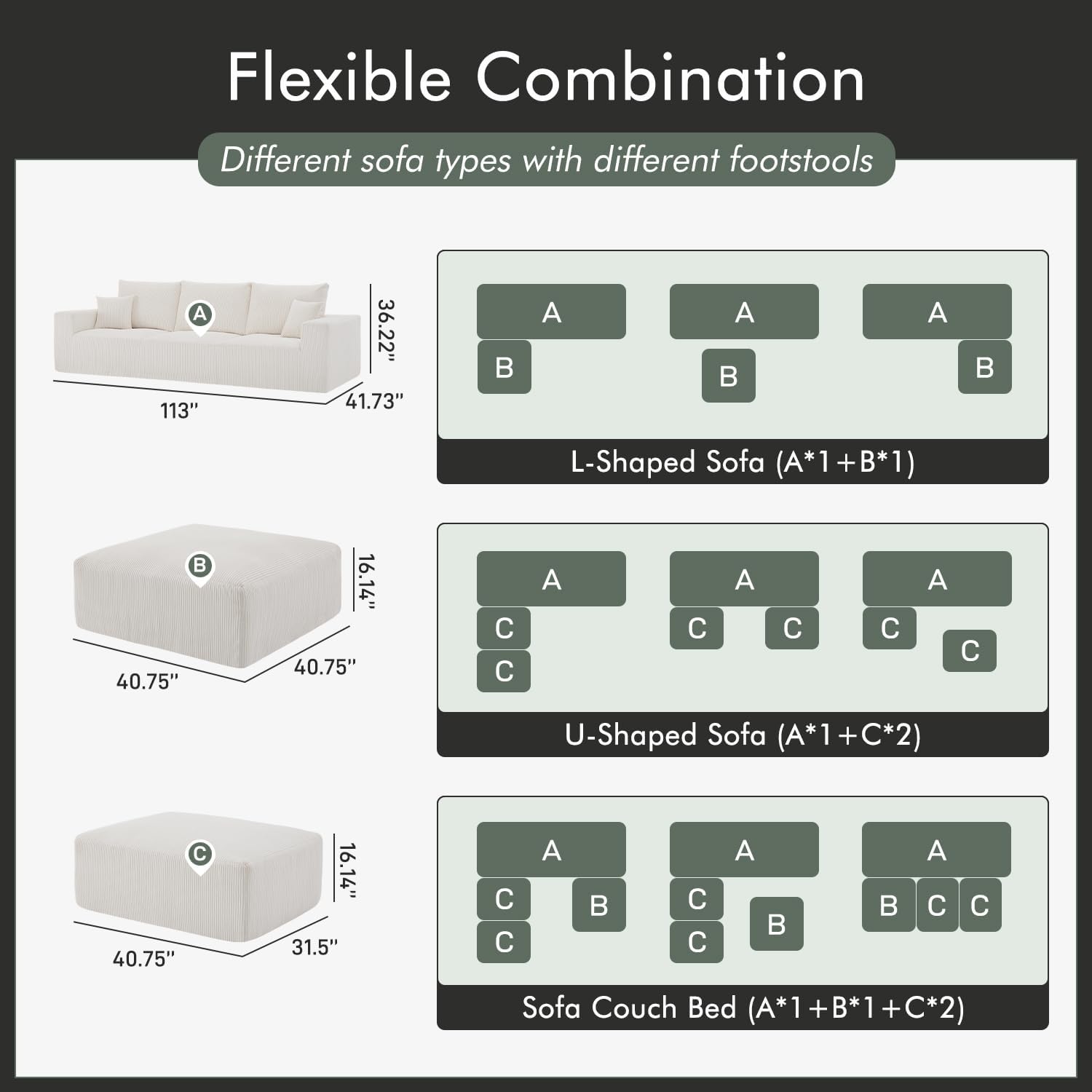 Gericco 113" Modular Sectional Couch, Cloud Boneless Sofa with Deep Seats, Upholstered Corduroy U-Shaped Sleeper Sofa with Chaise, 3-Seater Couches for Living Room, No Assembly Required, Beige