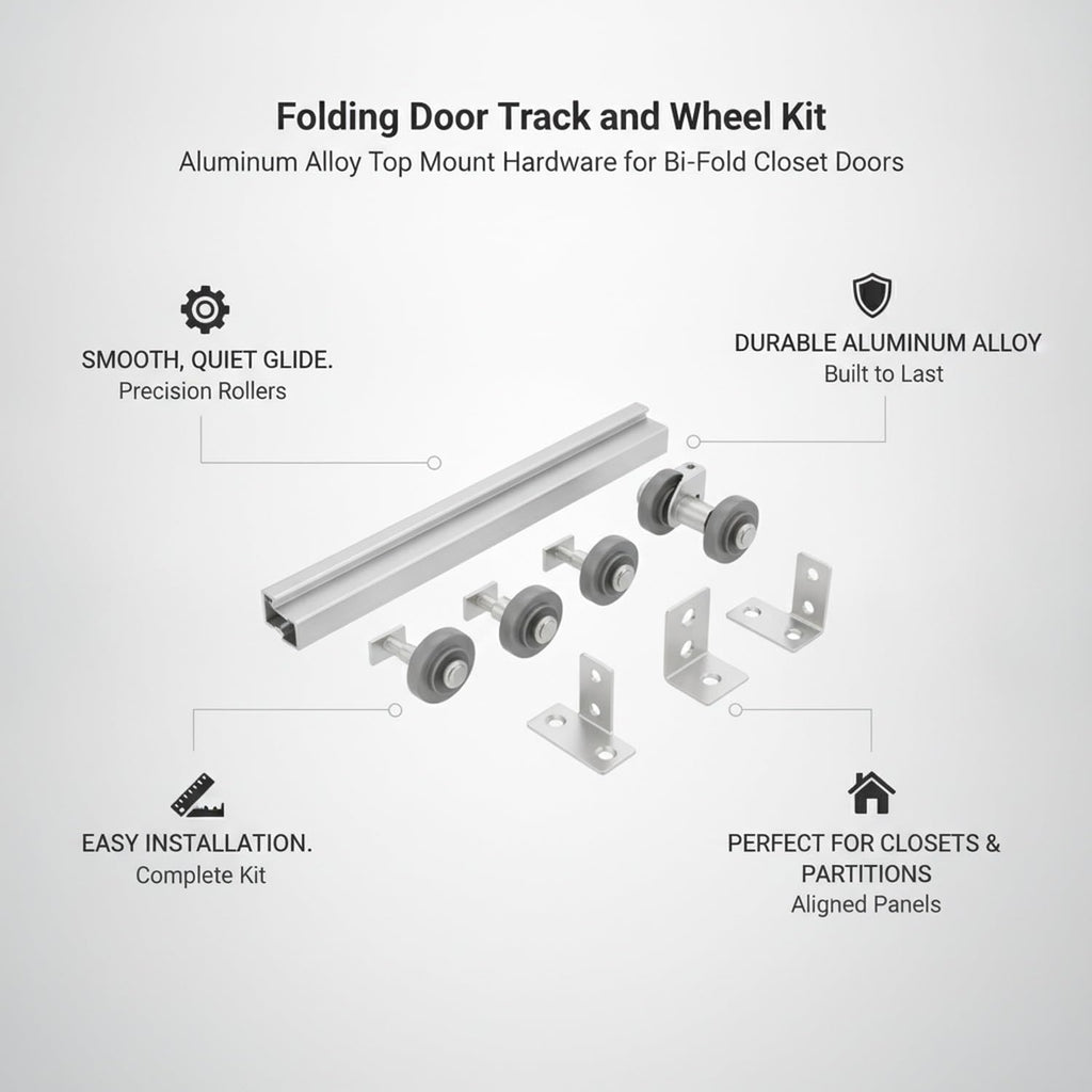 Aluminum Alloy Bi-Fold Door Track and Wheel Kit, Top Mount Hardware for Closet Doors and Room Dividers, Silver Finish