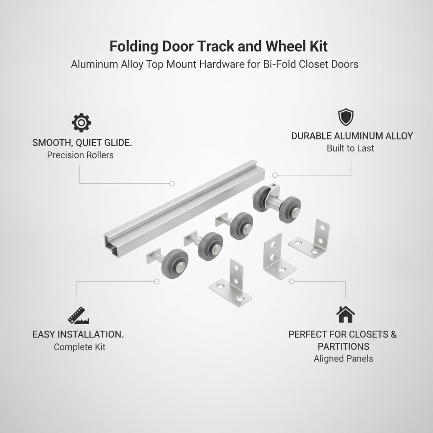 Aluminum Alloy Bi-Fold Door Track and Wheel Kit, Top Mount Hardware for Closet Doors and Room Dividers, Silver Finish