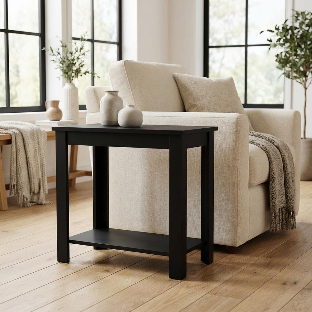 Furnifact Chairside End Table, Black Finish, Lower Shelf, MDF Material, Quick Easy Setup, Complement Any Existing Furnishings