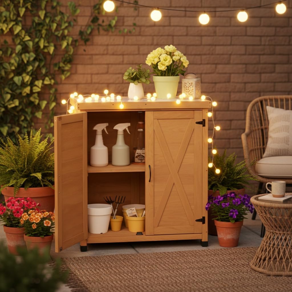 31" Sturdy Living Room Cabinet, Practical Cabinets with Weatherproof Wood, Storage Locker with Magnetic Door for Outdoor Patio, Light Brown