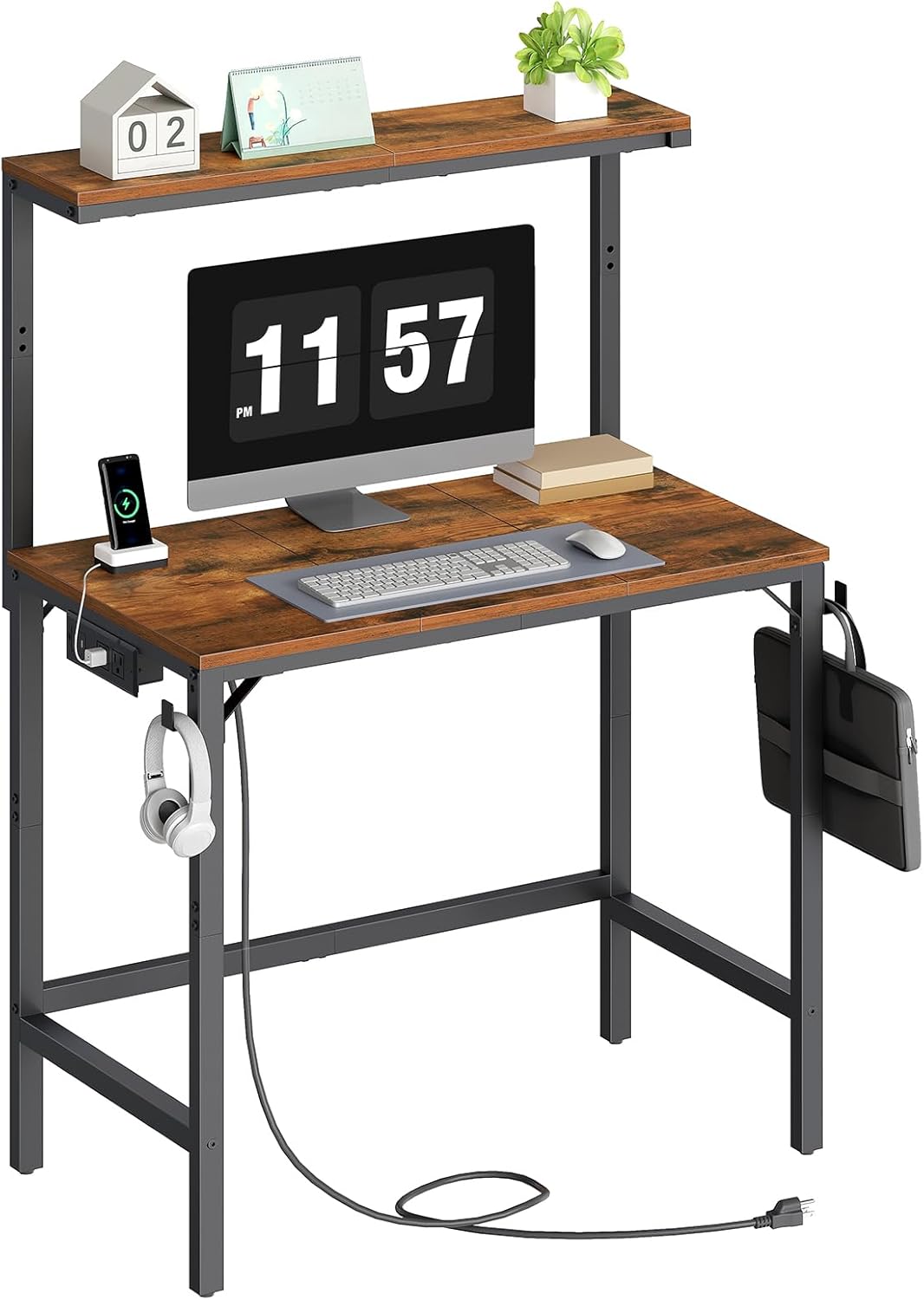 HOOBRO Small Computer Desk, 28.3" Desk for Small Spaces, Office Desk with Power Outlet & Adjustable Monitor Stand, Compact Desk with Storage, Writing Table for Bedroom, Office, Rustic Brown BF38UDN01