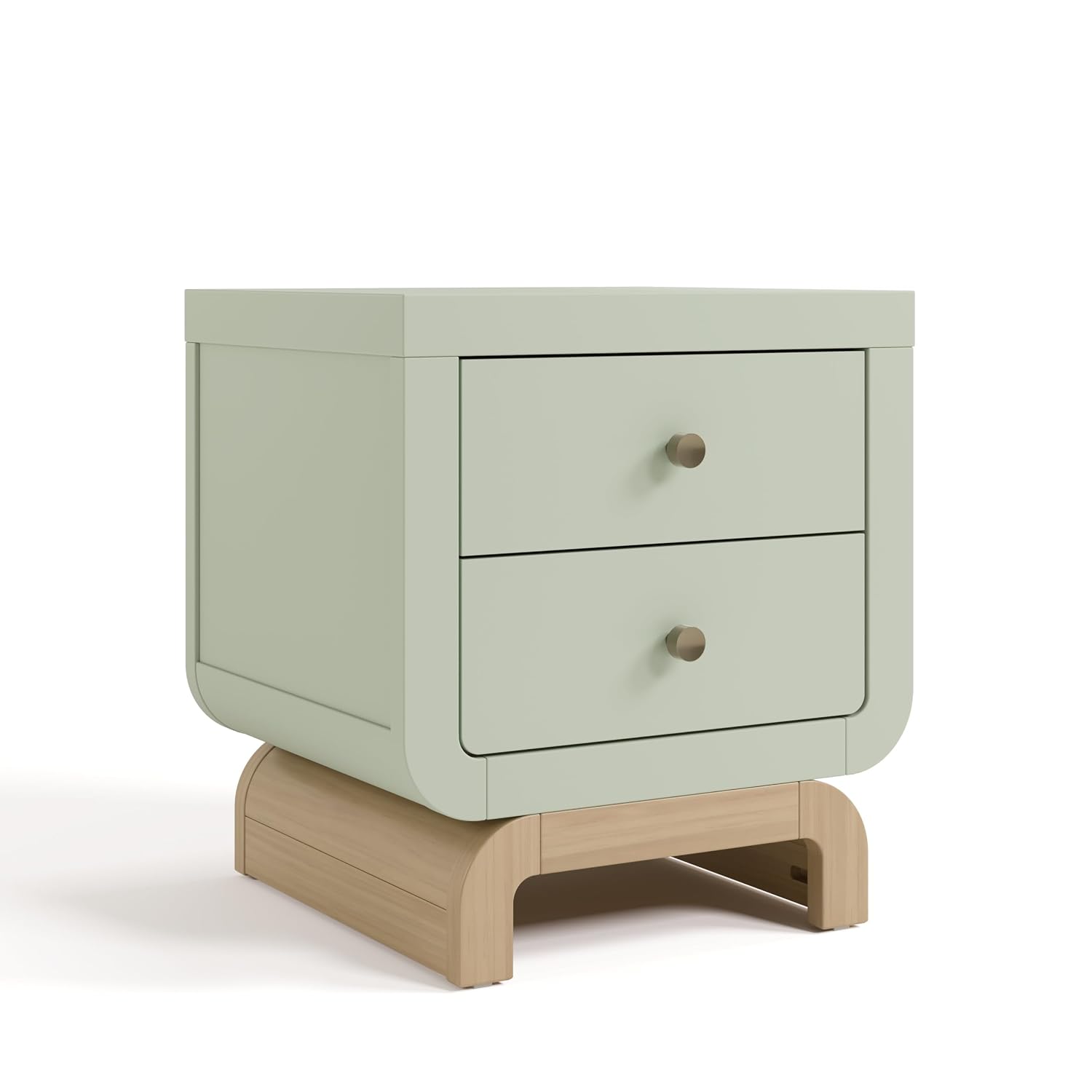 Storkcraft Santorini 2 Drawer Nightstand, Sage & Driftwood | GREENGUARD Gold Certified Nightstand for Kids Bedroom, Premium Wood with Curved Base, “Champagne” Metal Knobs