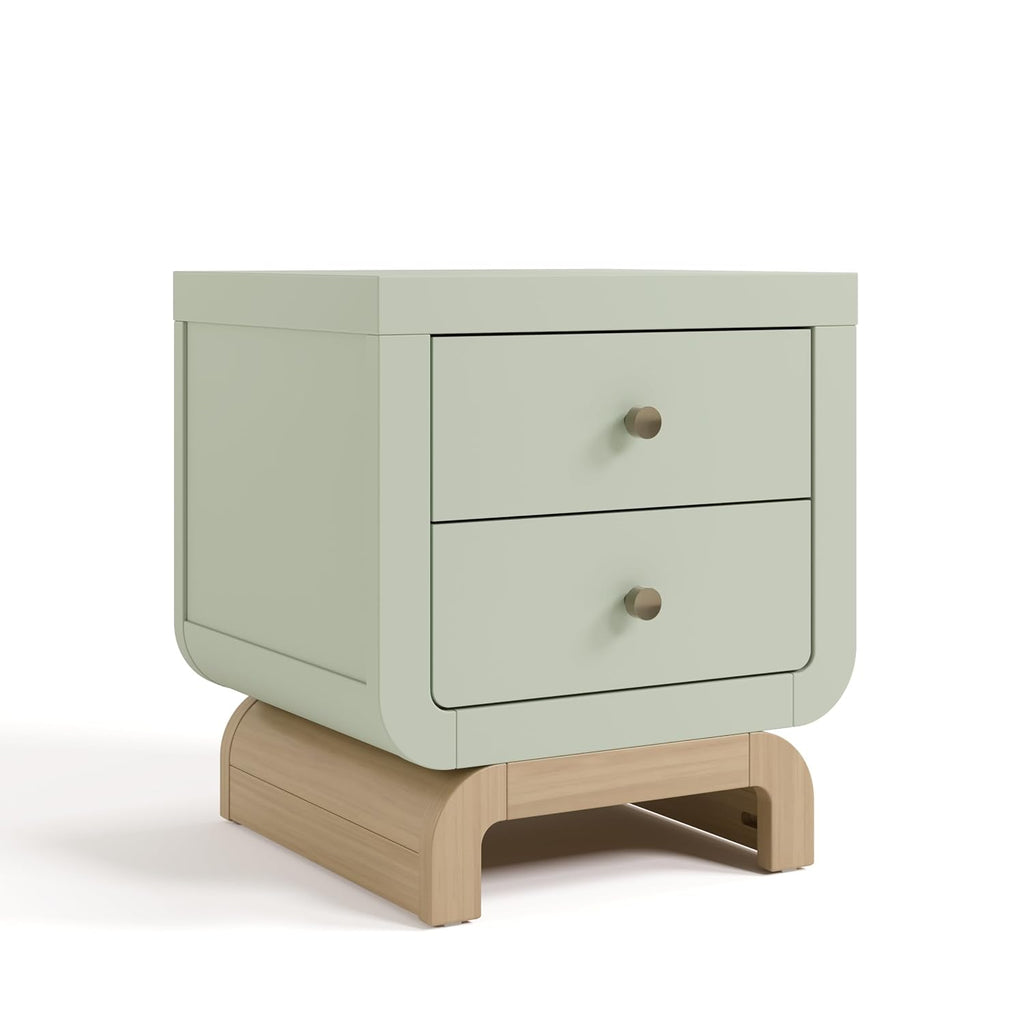 Storkcraft Santorini 2 Drawer Nightstand, Sage & Driftwood | GREENGUARD Gold Certified Nightstand for Kids Bedroom, Premium Wood with Curved Base, “Champagne” Metal Knobs