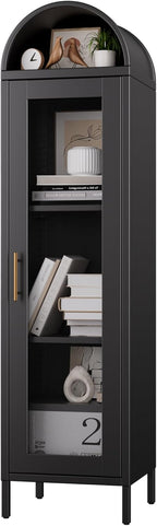 METAN Tall Metal Arched Display Cabinet with Glass Door, Narrow Freestanding Storage Cabinet for Home Bar & Living Room, Black Steel Curio Bookshelf, 15" D x 16" W x 63" H, Assembly Required