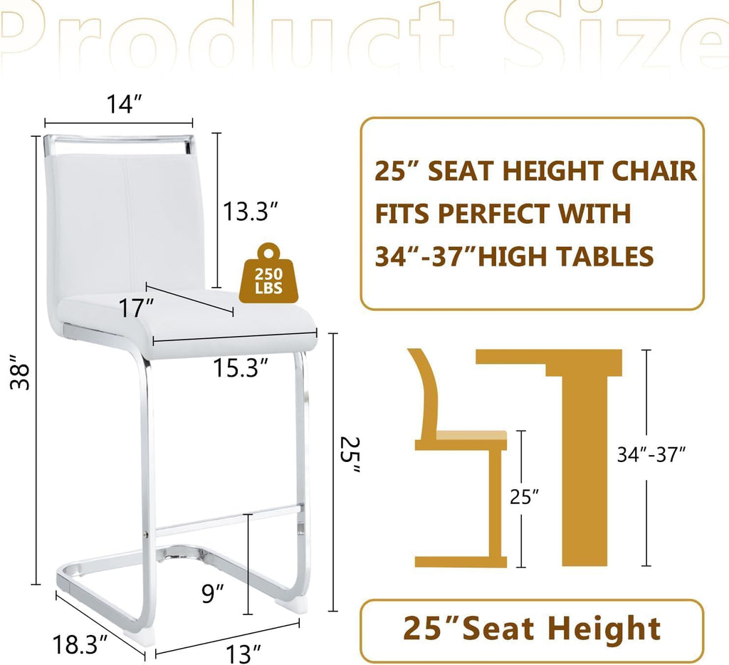 gopop Bar Stools Set of 3,Counter Height Bar Stools with Backs,White Barstools with Chrome Plated Metal Leg,Upholstered Leather Counter Stools Ideal for Kitchen Counter Dining Island Bar Pub