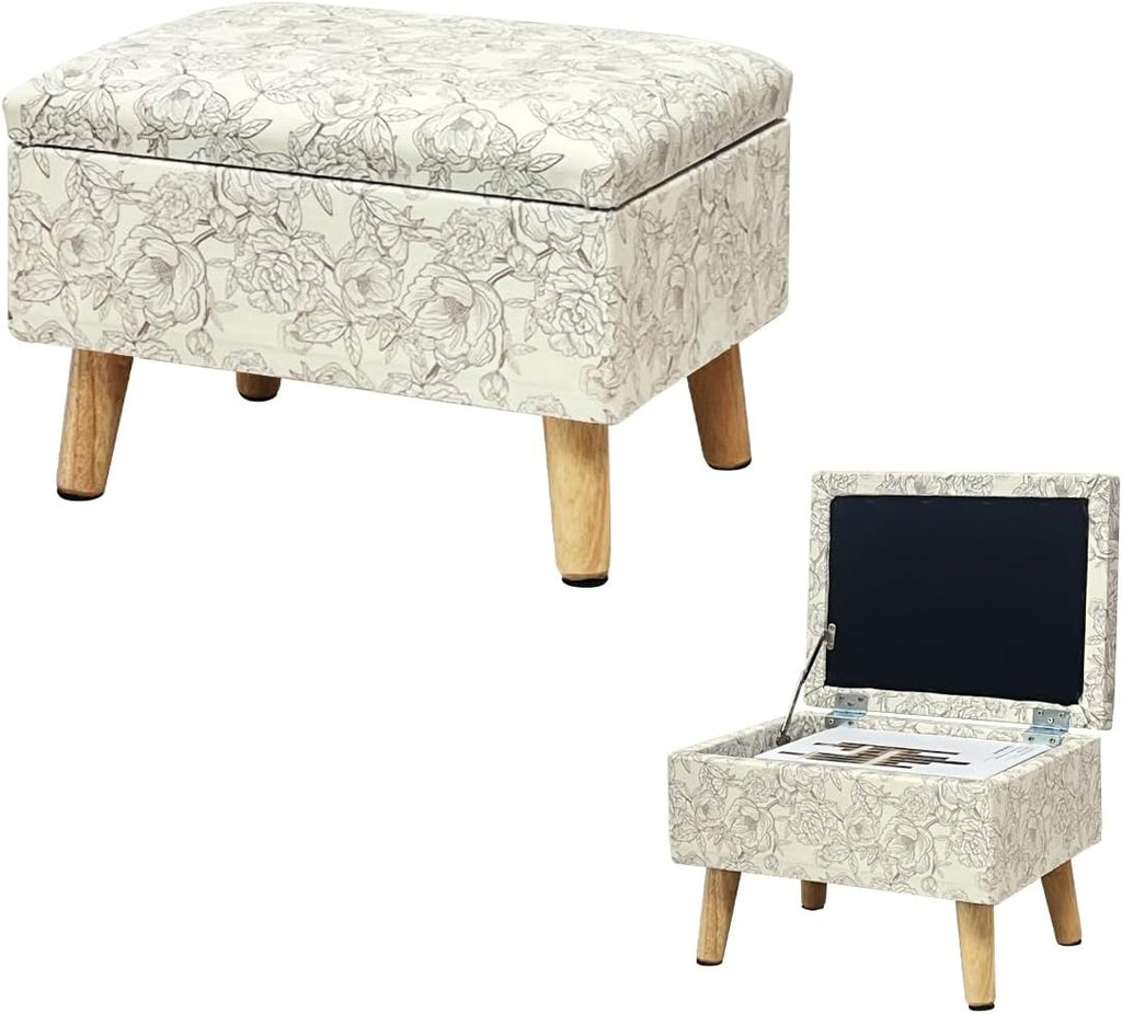 lumizone Small Ottoman with Storage Foot Rest Foot Stool Print-Beige | Padded Seat Pet Step for Dog Under Desk Stool for Living Room Bedroom Office Entryway