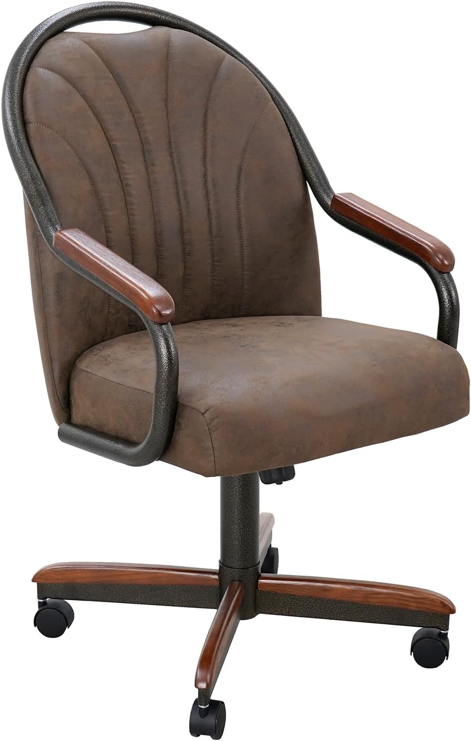 Chromcraft Douglas Set of 1 Casual Dining Chairs Classic Swivel Tilt Dining Chairs with Casters, Wooden Arm Metal Base Chairs with Rolling Wheels for Kitchen & Dining Room (Mocha-Walnut)