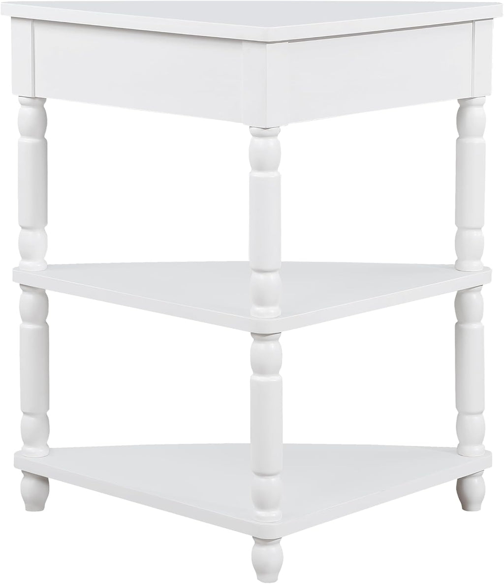 Corner Side Table, 3-Tier Triangle End Table with Drawer and Solid Wood Legs, 33.86" Small Space Storage, Milk White