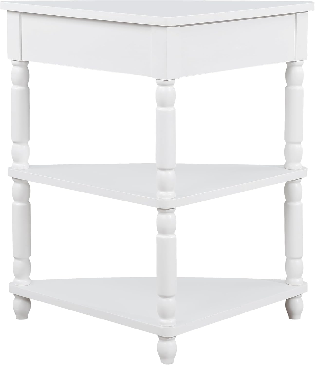 Corner Side Table, 3-Tier Triangle End Table with Drawer and Solid Wood Legs, 33.86" Small Space Storage, Milk White