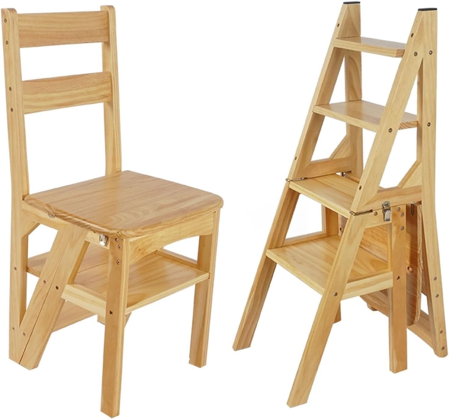 Wooden 3in1 Folding Step Stool Chair with Display Shelf Convertible Ladder for Home Library(B)